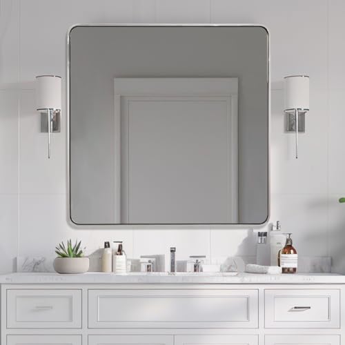 Image of ANDY STAR 36x36 Inch Chrome Mirrors for Bathroom, Chrome Square Bathroom Vanity Mirror, Rounded Mirror, Anti-Rust SUS304, Seamless Tube Metal Frame, 1'' Deep Wall Mounted Vertically /Horizontal