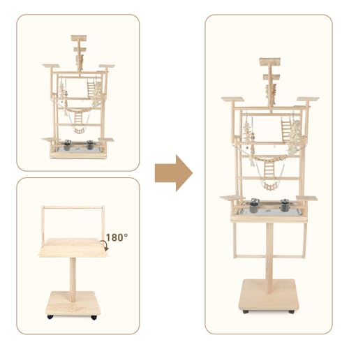 Bird Playground – 7-Level Natural Wood Parrot Playstand with Feeders & Toys, Modular Two-Tier Bird Play Gym, Detachable Top Tabletop Stand