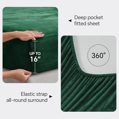 Image of BEDELITE Flannel Sheets King Size Dark Green - Super Soft Fleece Sheets Set Fluffy Extra Plush, 4 Piece(Include Fitted Sheet, Flat Sheet, 2 Pillowcases)