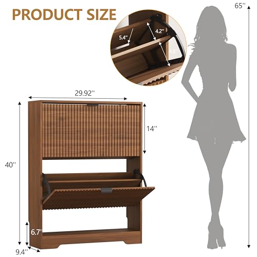 Image of HUANLEGO Shoe Cabinet Storage for Entryway with 2 Flip Drawers, Walnut Fluted Shoe Cabinet with Open Storage, Wooden Hidden Shoe Rack Freestanding Narrow Slim Shoes Organizer for Hallway, Entrance