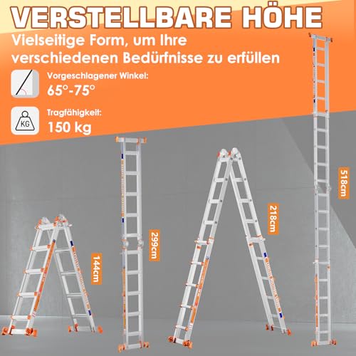Moonlight Manor 5-Stufen-Mehrzweckleiter: 5-Stufen-Stehleiter & 17-Fuß (5,18 m) Ausziehleiter • Mit Stabilisator & Rädern • 150 kg Traglast • Sicher für Treppen • Für Innen, Außen und Dach