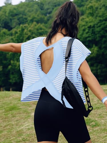 Image of SENSERISE Womens Open Back Workout Tops Backless Short Sleeve Athletic Shirt Running Crop Top Gym Yoga Tee