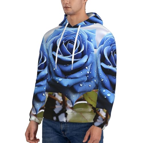 Men's Fleece Pullover Hoodie Long Sleeve Hooded Romantic Blue Rose Sweatshirt Casual Shirts With Pockets3