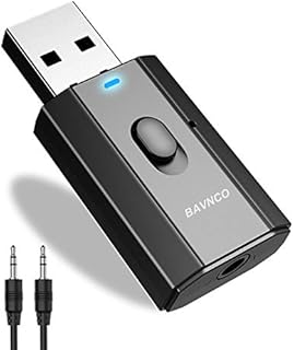 Bluetooth Car Adapter, BAVNCO Mini Bluetooth 5.0 Stereo Transmitter Receiver Wireless 3.5mm Aux Jack Adapter Hands-Free Car Kit Built-in Mic for Car Aux, Home Stereo, Headphones, PC,TV and More