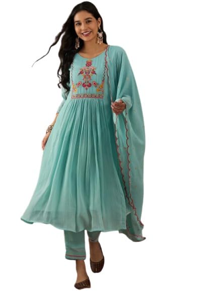 Women's Cotton Blend Floral Embroidered Gathered Flare Kurta and Straight Pants Ethnic Suit Set, 3/4 Sleeve Three-Piece Festive and Salwar Kameez Suit Set (Sea Green)-picture-42