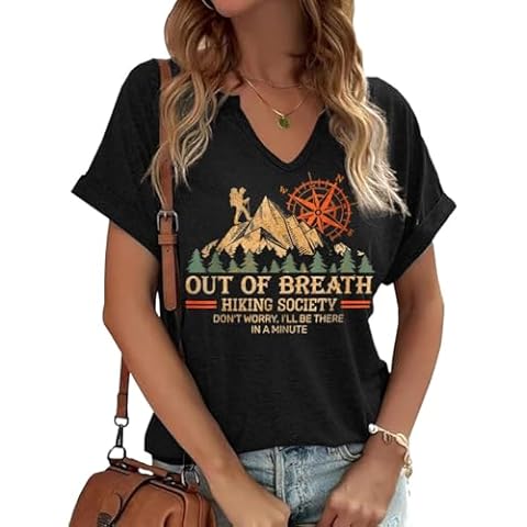 Women's V-Neck Outdoors Shirt Funny Camping Mountain Hiking Nature Lovers Adventure Graphic Tees Tops(427-D-Black,XXL) Cover