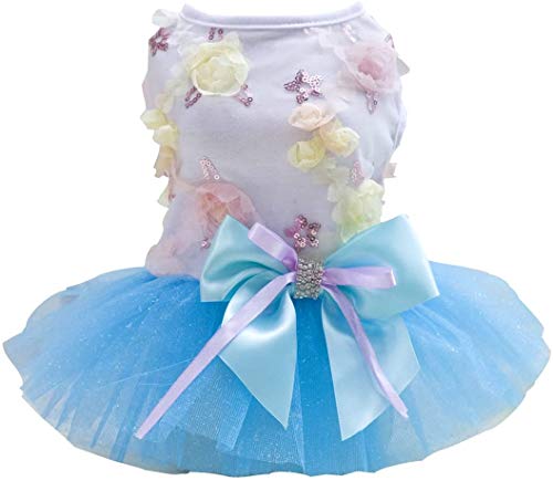 Rdc Pet Dog Dress Puppy Skirt Dog Princess Dresses, Tutu Flower and Sequin Dot Wedding Lace Dress Luxury Bow Dress for Small Dog Girl (XS, Blue)