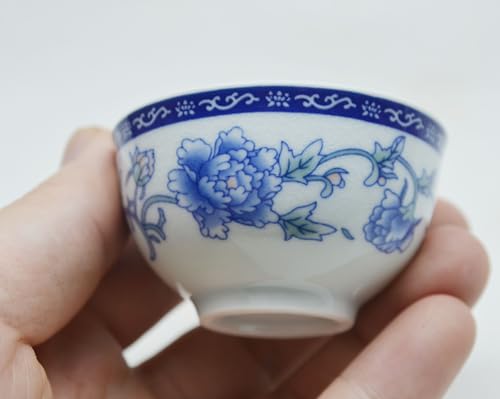 Image of Liang baobao Chinese Traditional Tea Tasting Cup Set of 4, 2oz White Porcelain Mini Cups for Gongfu Tea Ceremony (Blue and White Peony)