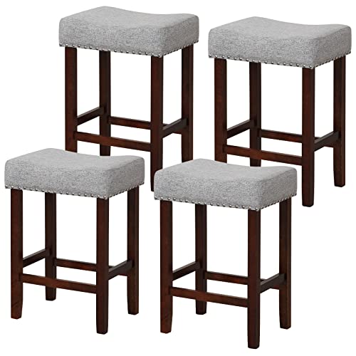 Image of COSTWAY Wooden Saddle Stools Set of 4, 25-inch Backless Counter Chairs with Nailhead Trim, Rubber Wood Frame, Footrest, Max Load 330 Lbs, Upholstered Bar Stools for Kitchen Island, Grey+Brown