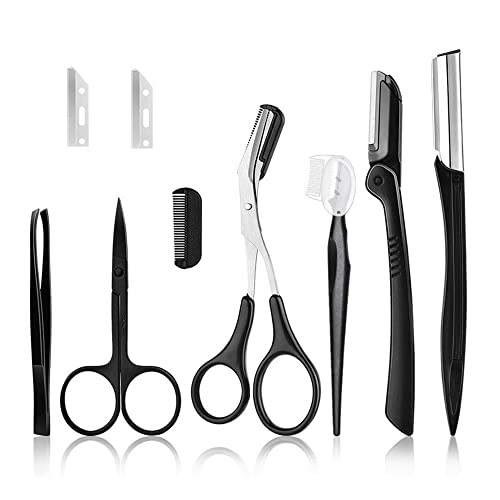 Kit Pinzas Cejas, 9 Piezas Pinzas Depilar Juego de Cuidado de Cejas Recortador de Cejas, Con Tijeras para Cejas, Cuchillo para Cejas, Pinza para Cejas（Negro）