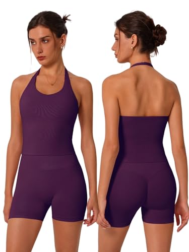 Image of ABOCIW Workout Sets for Women 2 Piece seamless Halter Sports Bra Scrunch Butt Impact Shorts Gym Yoga Outfits