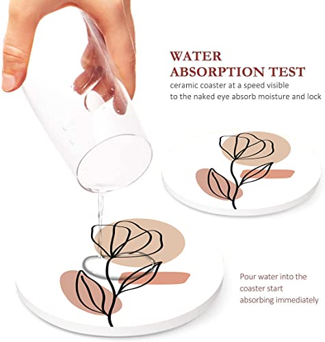 Britimes Table Coaster for Drinks Set of 6, Flowers Beauty Woman Boho One Coffee Absorbent Round Ceramic Stone Mat, with Cork Base and Metal Holder, Gift for Housewarming Room Bar Decor