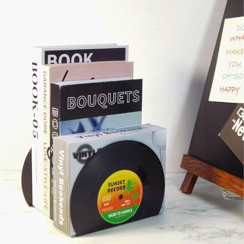 Redomm AI7721BM-MAIN Modern Bookends For Shelves, Retro Vinyl Record Design Bookends Decorative Bookends For Vintage Lovers, Music Lovers Decorative Book Stopper thumb #2
