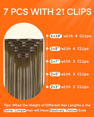 Image of Full Shine 18 Inch Clip in Extensions Remy Human Hair | Clip in Hair Extensions, Chestnut Brown Balayage to Brown With Platinum Blonde, Real Hair Clip ins, Double Weft, 7 Pcs 120g
