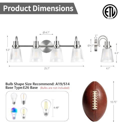 Image of 4-Light Bathroom Light Fixtures 25.7 Inch Brushed Nickel Vanity Lights for Bathroom Lighting Fixtures Over Mirror with Clear Striped Glass Shade for Mirror Bedroom Hallway