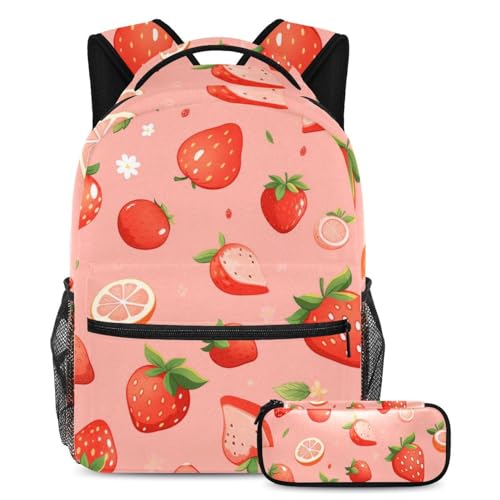 Sac d'école tendance motif fruits rouges multicolore avec sa trousse assortie