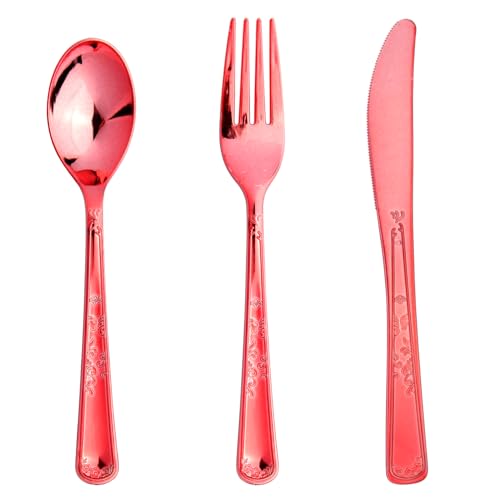 180 Pack Disposable Rose Red Plastic Silverware Contain 60 Forks,60 Spoons,60 Knives, Solid and Durable Plastic Cutlery Utensils Set Perfect for Parties,weddings.