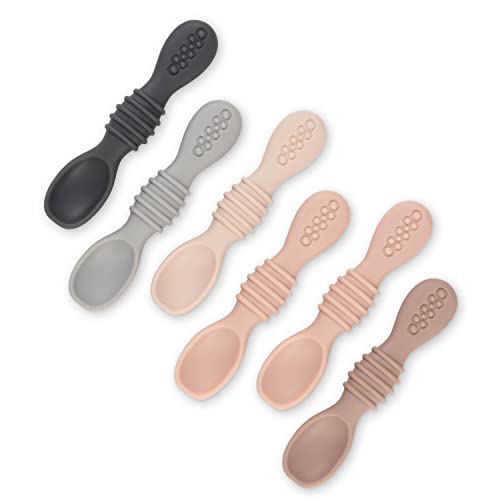 Image of Simka Rose Silicone Baby Spoons - Self Feeding, 6 Months, First Stage Infant Spoons for Babies & Toddlers - Set of 6 BPA Free, Dishwasher, Microwave Safe Food Utensils - Neutral