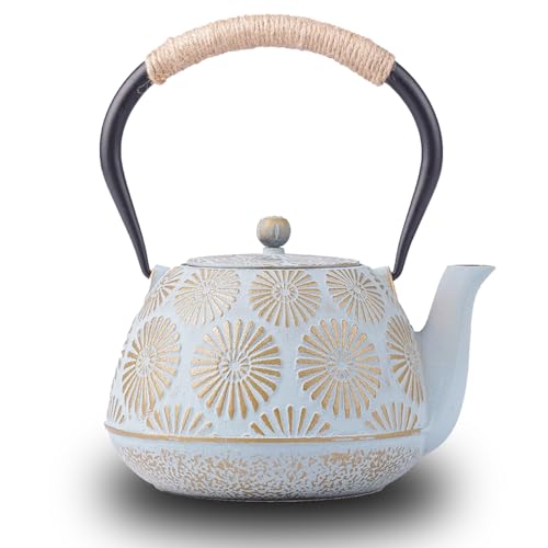 Japanese Tetsubin Cast Iron Teapot, 40oz (1200ml) Enamel-Coated Stovetop Kettle with Stainless Steel Infuser & Heat-Resistant Handle, Traditional Iron Pot for Tea Ceremony (blue and gold)