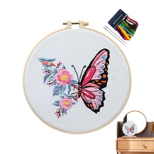 Kit de bordado de mariposa, kit de práctica de bordado, kits de bordado con sello para principiantes, incluye hilos y agujas de aro de bordado de tela de bordado