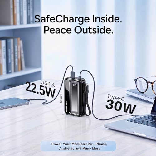 Image of Philips 10000mAh 30W Max Fast Charging Power Bank (Dark Slate) with Built-in Cable | Type-C Input /Output | 3 Output Ports | Lithium Polymer | Portable for Mobile, Tablet & Earbuds