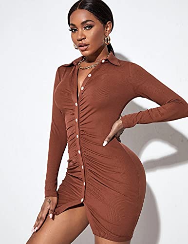 Iqreeny Women Sexy Bodycon Dress Button Down Long Sleeve Ruched Dress Collared Party Club Shirt Dresses Caramel S #TOP3