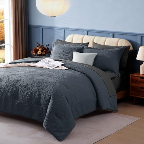 Image of Geniospin Queen Comforter Set - 7 Pieces Blue Gray Textured Queen Bedding Sets with Comforter, Sheets, Pillowcases & Shams, All Season Blue Gray Bedding