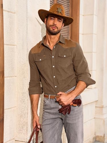 Yousify Mens Corduroy Shirt Long Sleeve Button Down Casual Western Cowboy Shirt Jacket with Flap Pockets2