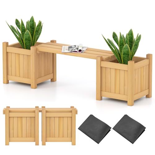 RELAX4LIFE 3-en-1 Jardinière Extérieur en Bois de Sapin, Banc de Jardin avec 2 Jardinières, Base à Lattes Amovible, Bac à Fleurs avec Doublure Fournie, Montage Modulable, pour Jardin Cour (Naturel,S)