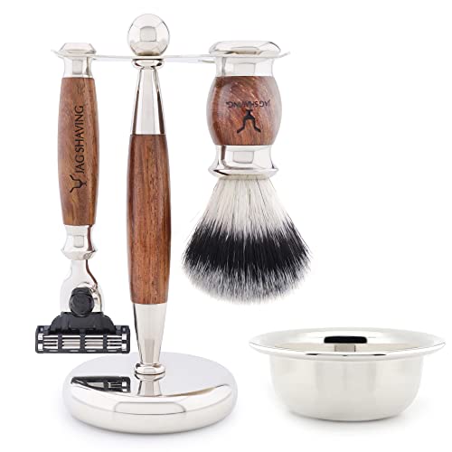 Jag Shaving Jag - Set de afeitado (5 piezas, pelo sintético, brocha de afeitar, 3 cuchillas de afeitar, soporte de acero inoxidable y madera, cuenco de afeitar, juego de madera) Cover