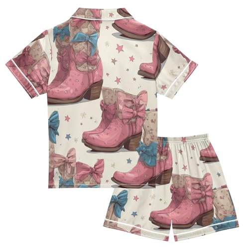 Satin Pajama Sets Short Sleeve Cowgirl Pink Boots Button Down Silky Nightwear 2 Piece PJS 5-14Y2