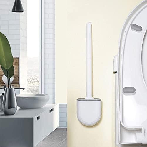 WeMerchant 2 Pack Silicone Toilet Brush With Holder - Flexible Cleaning Brush, Non-Slip Scrubber Long Plastic Handle For Quick Draining & Drying, Wall Mounted White, White Gray, Standard (t101)