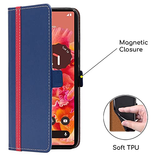 ebestStar - Etui Dla Google Pixel 6, Portfel Ochrona Magnetycznym Klipem, Skóra PU, Kieszenią na Karty, Ciemny niebieski, Czerwony + Szkło Hartowane