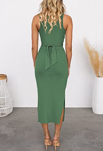 HUUSA Women\'s Sexy Sleeveless Cutout Bodycon Dresses Casual Crisscross Ruched Slit Slim Ribbed Racerback Midi Dress Outfits with Belt Army Green M - Thumbnail 4