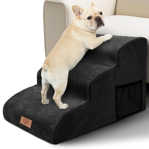 Dog Steps for Sofa, Pawchop Waterproof High-Density Foam Dog Ramp with Removable Cover, 3-Step Non-slip Dog Stairs for Small Dogs & Cats, Pet Ramp for Bed Couch Indoor - Black, 60x40x40cm