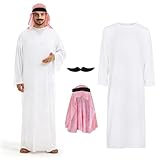 FainFun Disfraz de jeque de Aladin para hombre con pañuelo y barba, ropa árabe para hombre, casa de dinero, túnica blanca, para Navidad, Halloween, Pascua, fiesta, cosplay