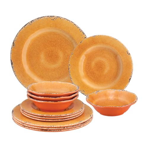 UPware 12 Piece Crackle Melamine Dinnerware Sets, Outdoor Dishes Set, Plates and Bowls Sets, Service for 4, Orange