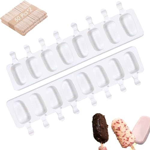 Atsmoce® Juego de 2 Moldes de Silicona para Helados, Molde Helados Silicona de Chocolate Magnum, Molde Paletas, Popsicle Moldes sin BPA, con 100 Palos Madera, Fácil de liberar (óvalo 8 cavidades)