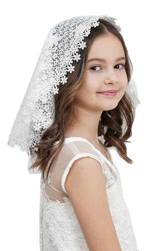 Leimandy Elegant Girls First Communion Veil Delicate Lace Headcovering - Ivory White Adjustable Chapel Veil for Catholic Baptism & Holy Communion Ceremony F14 (Ivory)