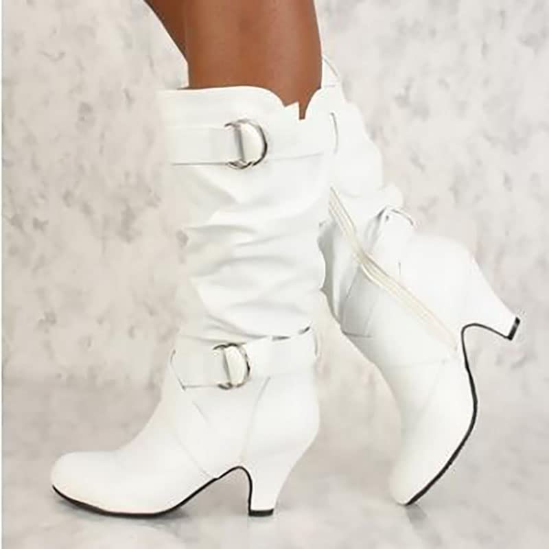 Women's Fashion Mid Knee High Heel Boots, Low Heel Zip Buckle Casual Mid Boots, Winter Warm Solid Color Wedding Boots 6