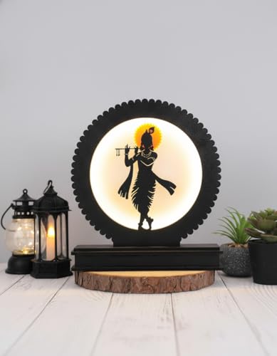 Image of Divine Krishna LED Backlit Lamp 8.25 inch MDF Wood & Acrylic Night Light with Power Adapter Spiritual Home Decor for Wall, Table, Gift Soothing Illumination for Peace & Harmony, Black