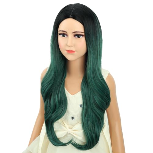 Image of Black and Green Wig Long Black and Green Middle Part Wig Long Wavy Curly Wigs Heat Resistant Synthetic Wigs for Daily Party Use