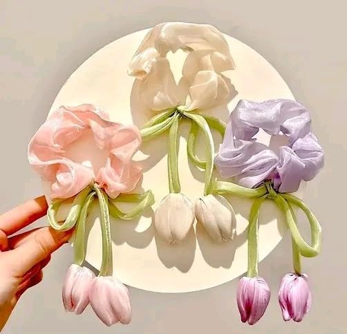 Balasundri Tulip Flower with Bow Ribbon Scrunchies Satin Silk Elastic Strechy Hair Ties Latest Stylish Rubber band Causal & Daily Use Trendy Fancy Ponytail Holder Hair band for Women & Girls Hair accessories (Multicolor 3Piece)-image-35