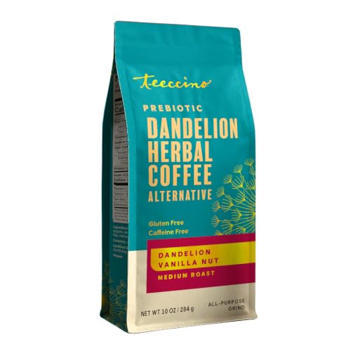 Teeccino Dandelion Vanilla Nut Herbal Coffee, 10 oz - Caffeine-Free Coffee Alternative with Prebiotics, Gluten Free, Acid Free - Medium Roast, 10 Ounces