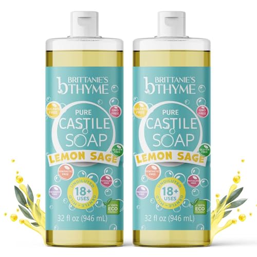 Brittanie’s Pure Castile Liquid Soap Refill, Lemon Sage, 32 Ounce Pack of 2 | Dish Soap, Hair & Body, Home, Gentle and Pure, Made with Natural Luxurious Oils, Vegan & Gluten Free Non-GMO