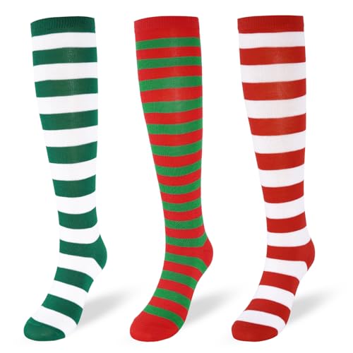 YOYOU 3 Pairs Knee High Socks for Women Stripe Tube Outdoor Sport Casual Socks Athletic Long Sockings Funny Novelty Christmas Costumes