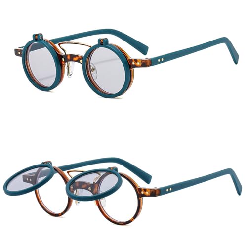 Image of HYLLE Retro Flip-Up Round Goggles Seampunk Sunglasses for Men Women 90s Style