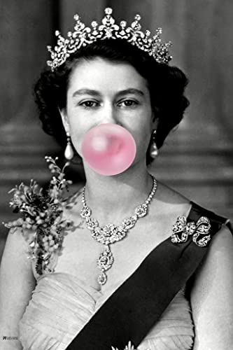 Queen Elizabeth II Vintage Photo Bubble Gum Blowing Funny British Royal Portrait Her Majesty Wearing Crown Black White Cool Wall Art Print Poster 12x18