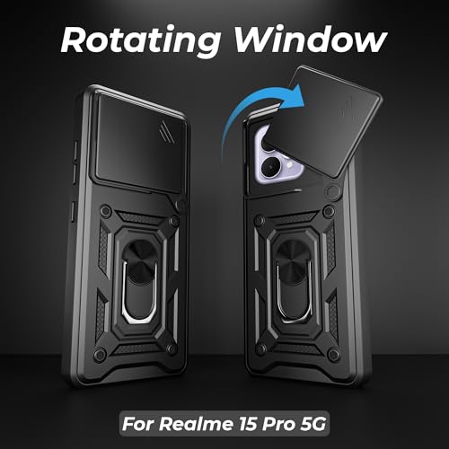 Image of A rtistque Armor Bumper Back Case Cover for Realme 15 Pro 5G | Stylish Ring Holder & Inbuilt Stand | Sliding Camera Cover | Shockproof TPU Protective Design | Realme 15 Pro 5g Back Cover - Black