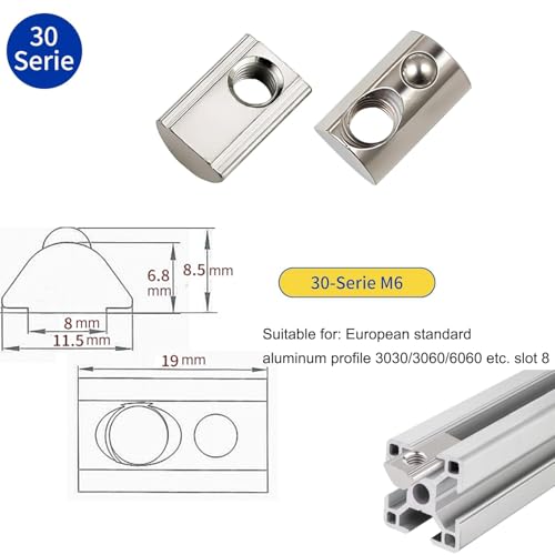 Bhina 40 Stück Nutensteine Edelstahl, T Nut Mutter, Nutensteine mit Kugel, Alu Solar Gleitmutter Gewinde Nut Nutenstein Kugel für Alu Profil Schiebemuttern für Aluprofil der Serie EU (M6)